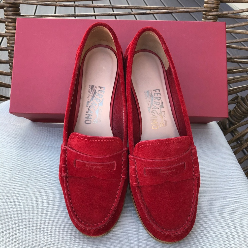 Red Suede Ferragamo Loafers, size 7